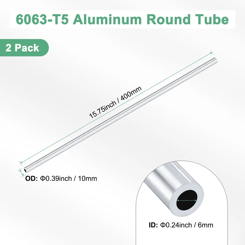 2-Pack 6063 Aluminum Round Tube, 6mmx10mm(IDxOD) 400mm Length Straight Tubing
