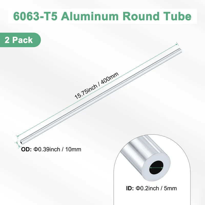 2-Pack 6063 Aluminum Round Tube, 5mmx10mm(IDxOD) 400mm Length Straight Tubing