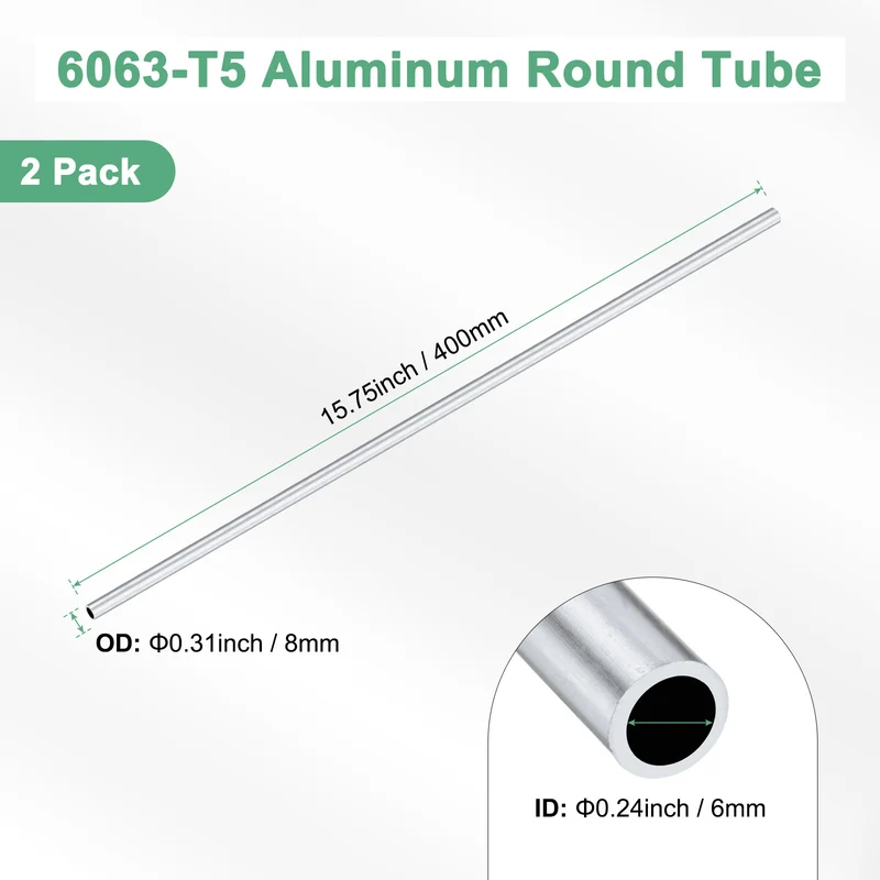 2-Pack 6063 Aluminum Round Tube, 6mmx8mm(IDxOD) 400mm Length Straight Tubing