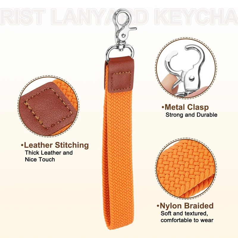 Wrist Lanyard Keychain Braided Wristlet Strap with Silver Clasp Orange