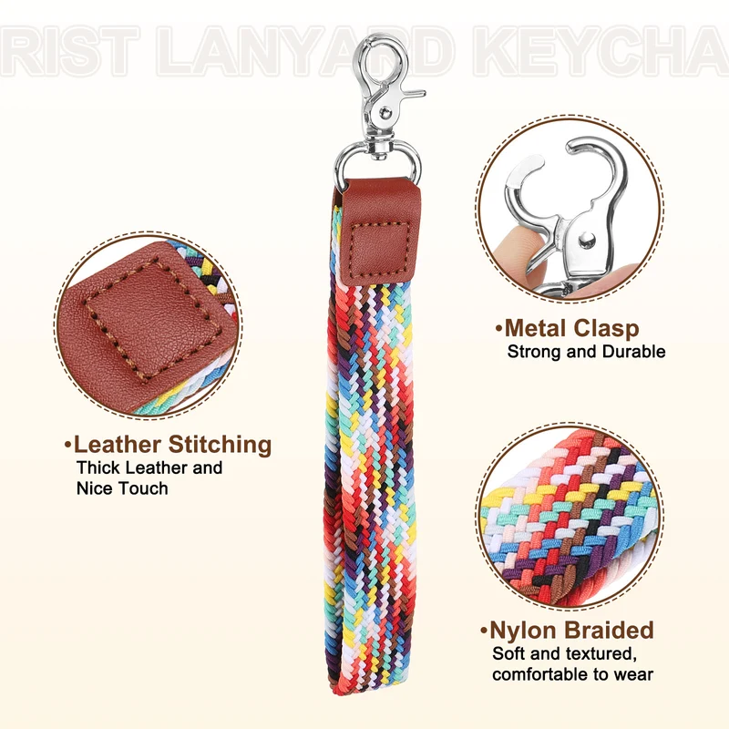 Wrist Lanyard Keychain Braided Wristlet Strap with Silver Clasp Rainbow