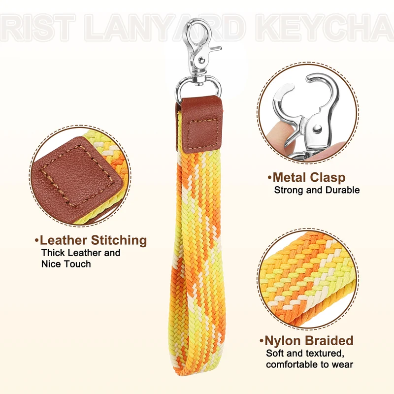 Wrist Lanyard Keychain, Braided Wristlet Strap with Silver Clasp Gradient Orange