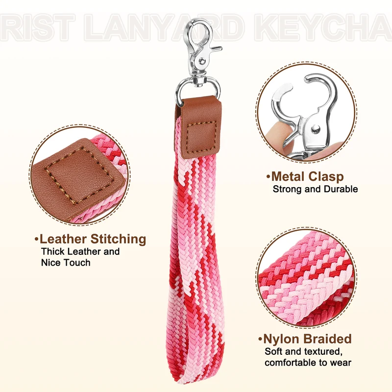 Wrist Lanyard Keychain Braided Wristlet Strap with Silver Clasp Strawberry Red