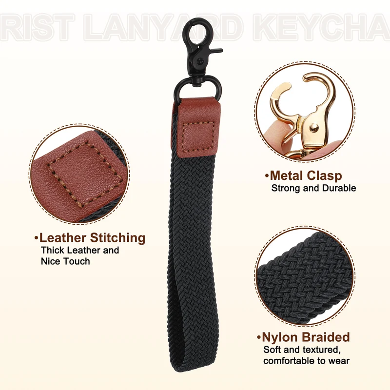 Wrist Lanyard Keychain, Braided Wristlet Strap with Black Clasp, Black