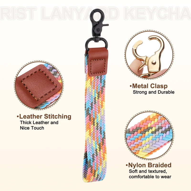 Wrist Lanyard Keychain, Braided Wristlet Strap with Black Clasp, Colorful Pink