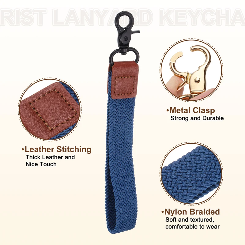 Wrist Lanyard Keychain, Braided Wristlet Strap with Black Clasp, Blue