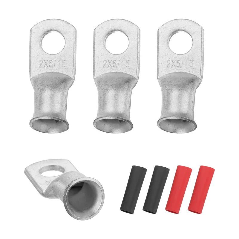 4 Pcs 5/16" Stud 2AWG Battery Lugs Ring Terminal with 4pcs Heat Shrink, Silver