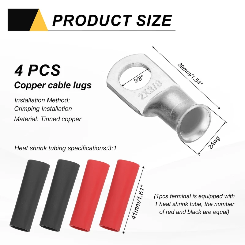 4 Pcs 3/8" Stud 2AWG Battery Lugs Ring Terminal with 4pcs Heat Shrink, Silver
