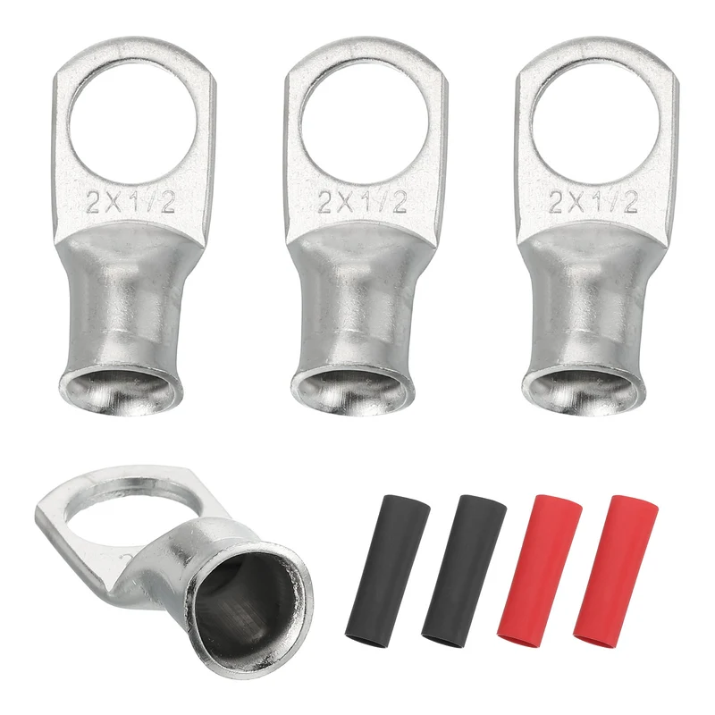 4 Pcs 1/2" Stud 2AWG Battery Lugs Ring Terminal with 4pcs Heat Shrink, Silver