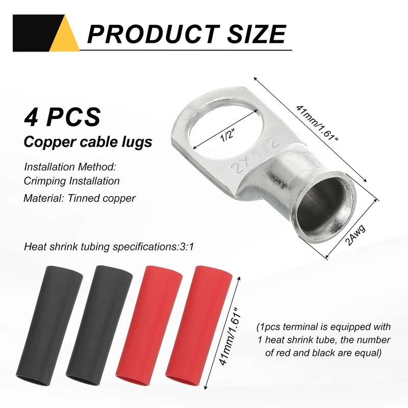 4 Pcs 1/2" Stud 2AWG Battery Lugs Ring Terminal with 4pcs Heat Shrink, Silver