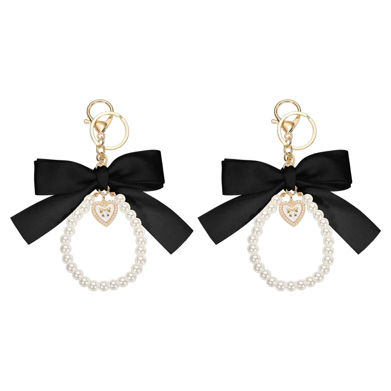 2Pcs Ribbon Bow Keychain Pearl Wristlet Keychain Heart Pendant, Black