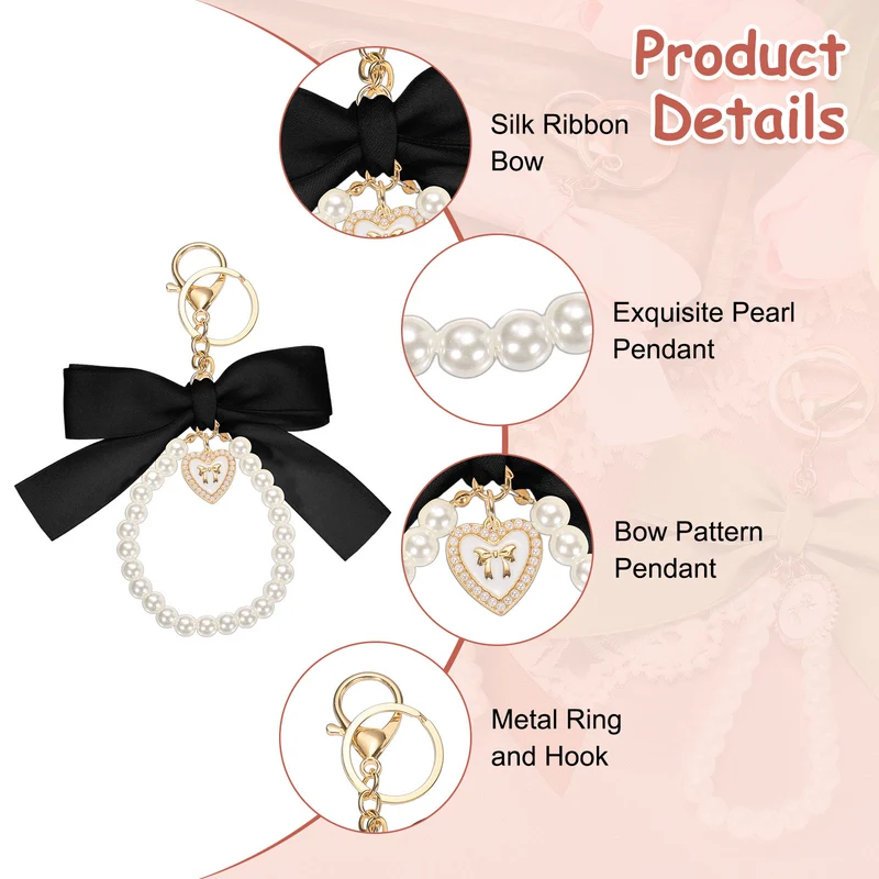 2Pcs Ribbon Bow Keychain Pearl Wristlet Keychain Heart Pendant, Black