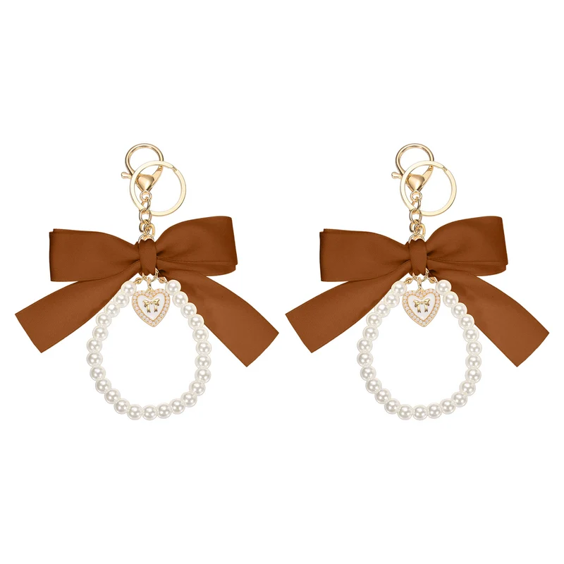 2Pcs Ribbon Bow Keychain Pearl Wristlet Keychain Heart Pendant, Bronze Gold