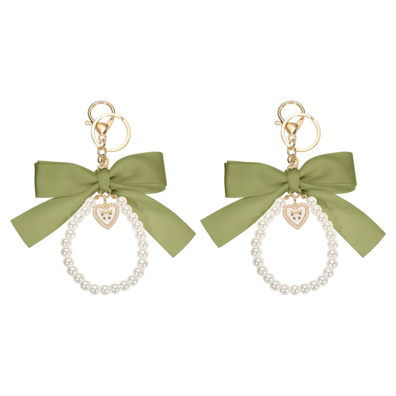 2Pcs Ribbon Bow Keychain Pearl Wristlet Keychain Heart Pendant, Mustard Green
