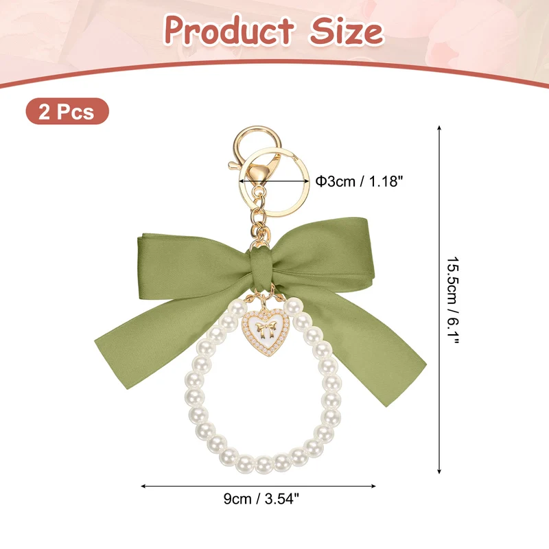2Pcs Ribbon Bow Keychain Pearl Wristlet Keychain Heart Pendant, Mustard Green