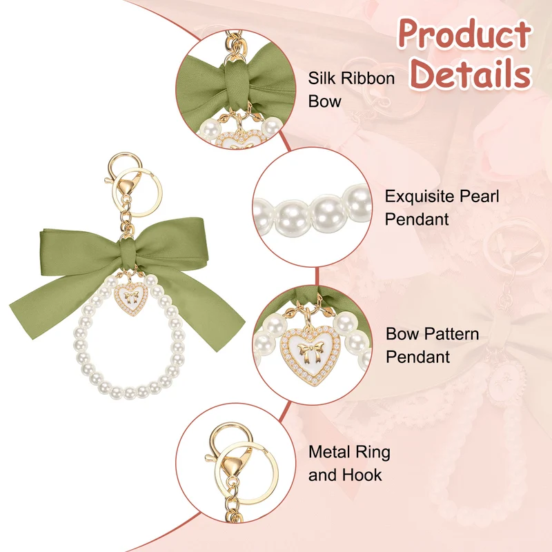 2Pcs Ribbon Bow Keychain Pearl Wristlet Keychain Heart Pendant, Mustard Green