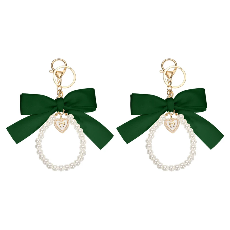 2Pcs Ribbon Bow Keychain Pearl Wristlet Keychain Heart Pendant, Green