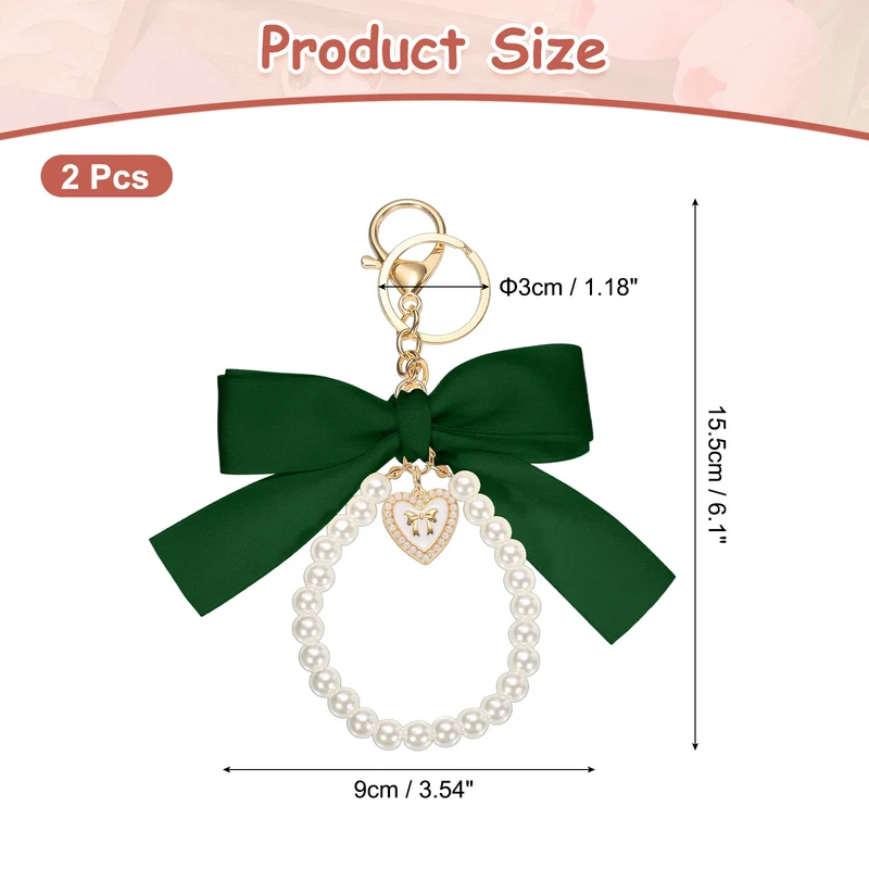2Pcs Ribbon Bow Keychain Pearl Wristlet Keychain Heart Pendant, Green