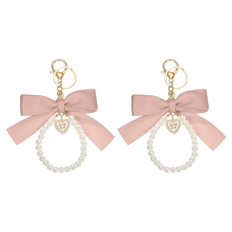 2Pcs Ribbon Bow Keychain Pearl Wristlet Keychain Heart Pendant, Pink