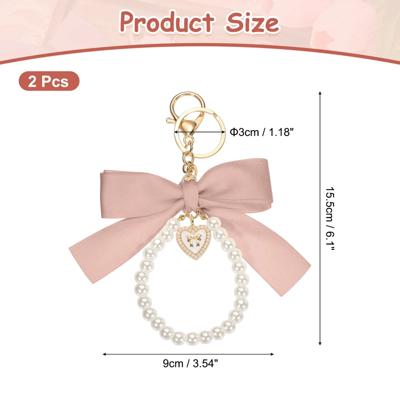 2Pcs Ribbon Bow Keychain Pearl Wristlet Keychain Heart Pendant, Pink