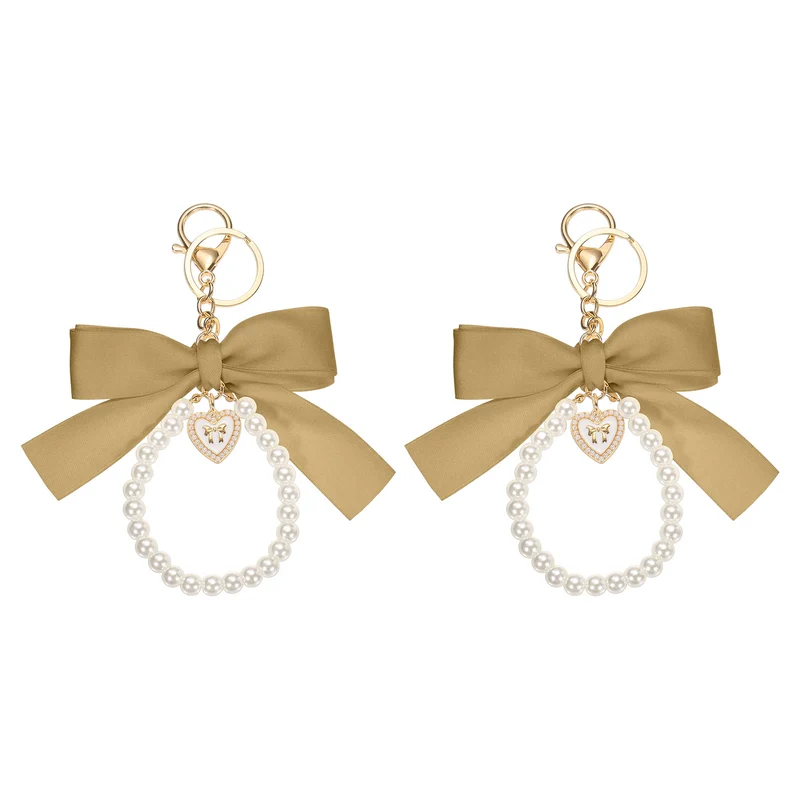 2Pcs Ribbon Bow Keychain Pearl Wristlet Keychain Heart Pendant, Champagne Gold