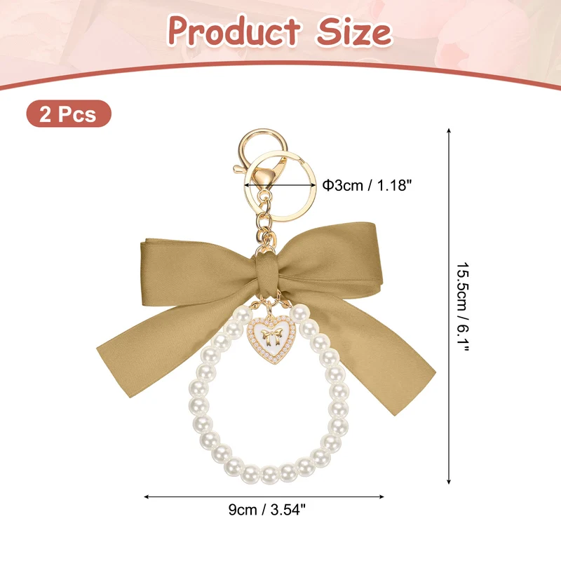2Pcs Ribbon Bow Keychain Pearl Wristlet Keychain Heart Pendant, Champagne Gold