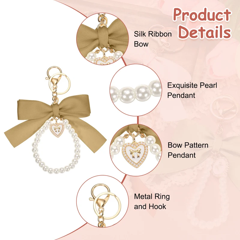 2Pcs Ribbon Bow Keychain Pearl Wristlet Keychain Heart Pendant, Champagne Gold