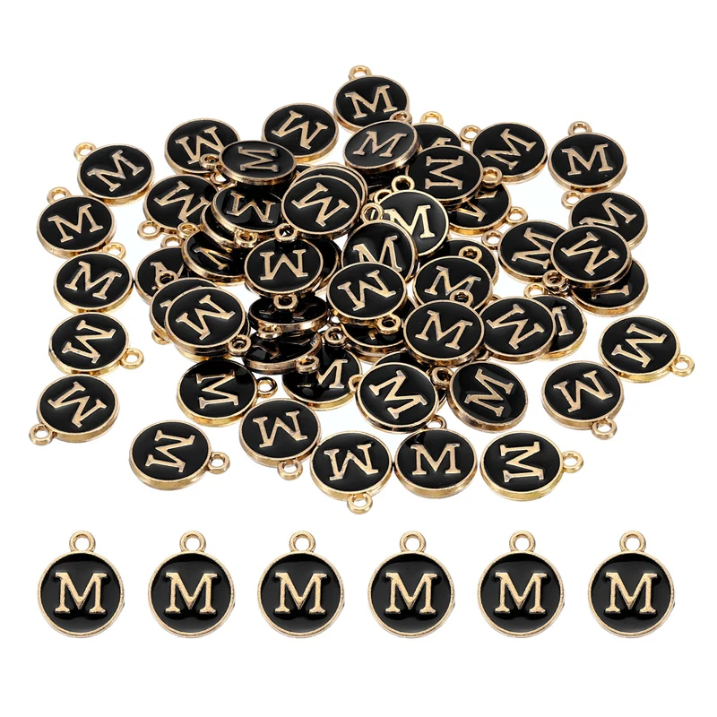 Letter Charm M, 60Pcs Double Sided Alphabet Initial Charm Pendants Beads Black