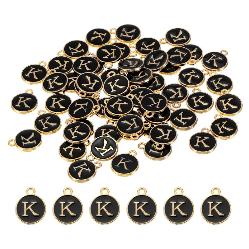 Letter Charm K, 60Pcs Double Sided Alphabet Initial Charm Pendants Beads Black