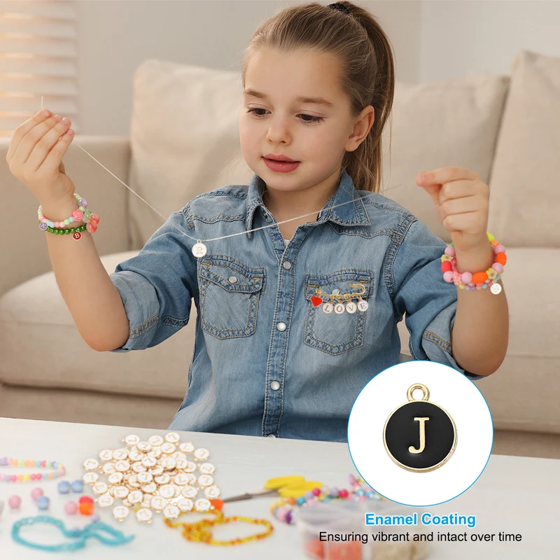 Letter Charm J, 60Pcs Double Sided Alphabet Initial Charm Pendants Beads Black
