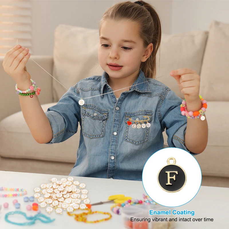 Letter Charm F, 60Pcs Double Sided Alphabet Initial Charm Pendants Beads Black