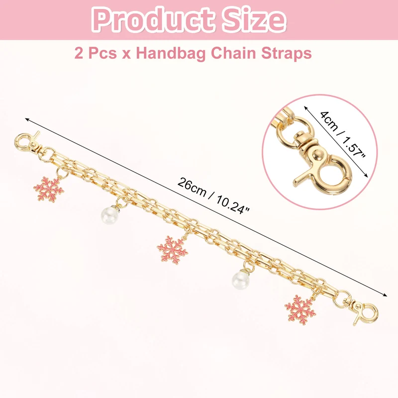 2Pcs 10" Snowflake Pearl Pendant Handbag Chain Straps, Rose Red