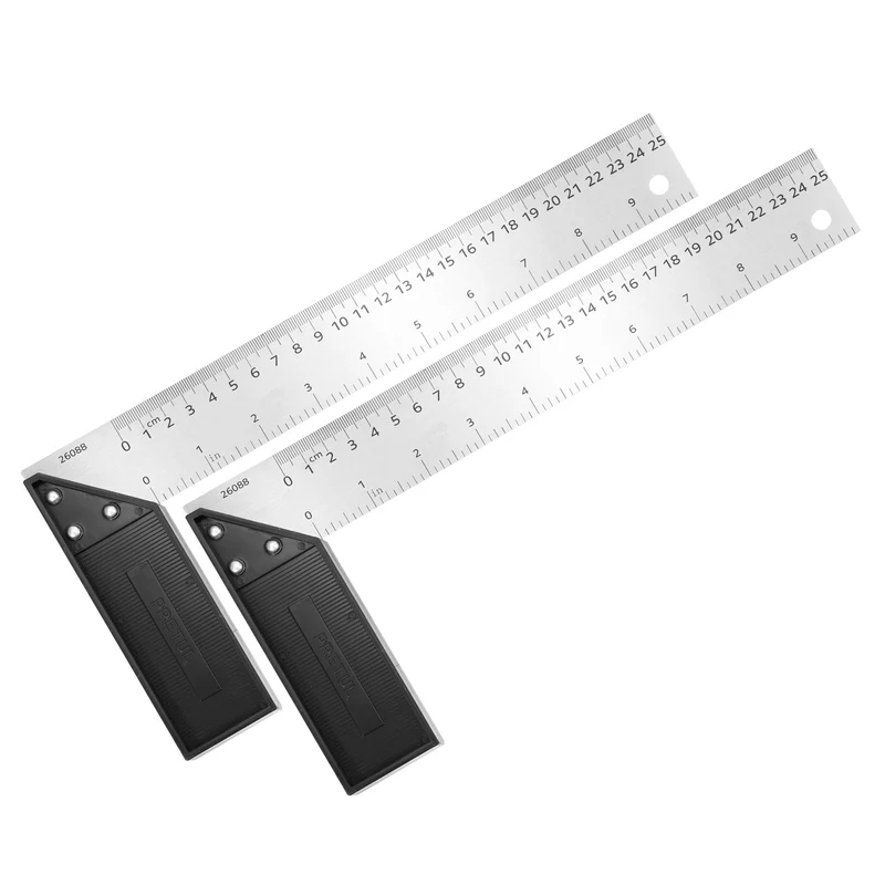 2Pcs 10 Inch Stainless Steel Woodworking Square Ruler, Silver Black