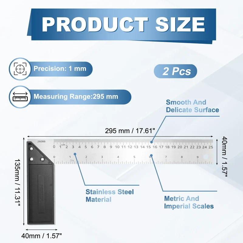 2Pcs 10 Inch Stainless Steel Woodworking Square Ruler, Silver Black