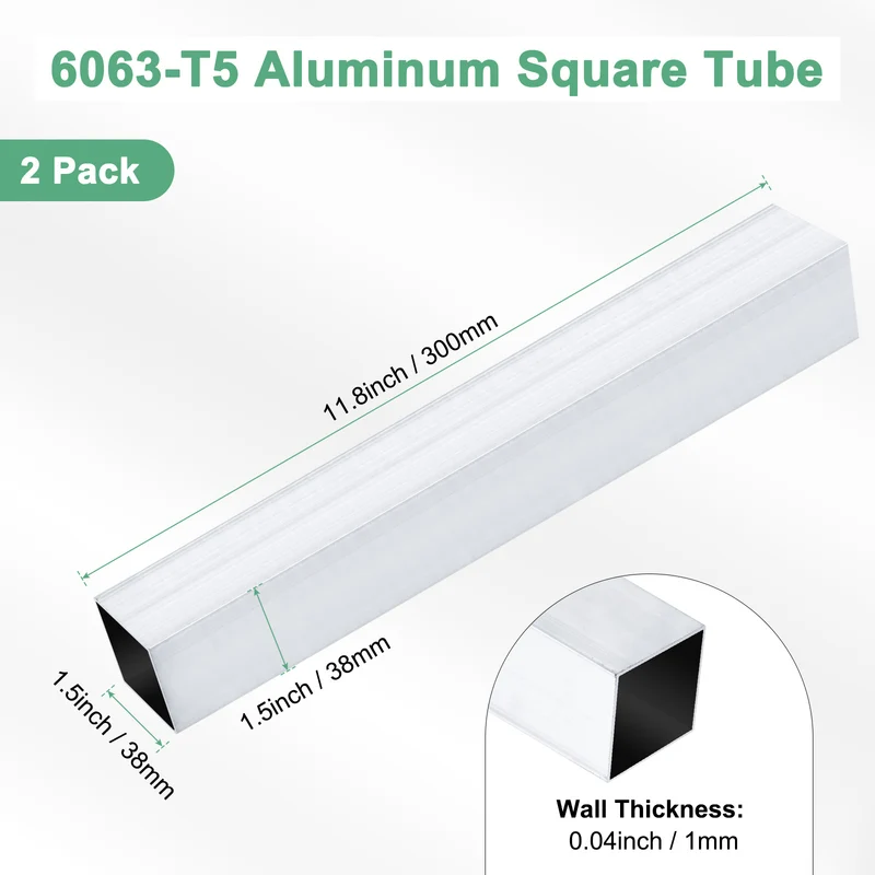 2Pcs 300mm 6063 Aluminum Square Tube, 38x38x1mm Straight Pipe Tubing for Frame