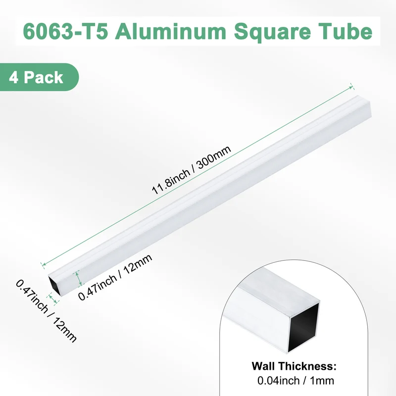 4Pcs 300mm 6063 Aluminum Square Tube, 12x12x1mm Straight Pipe Tubing for Frame