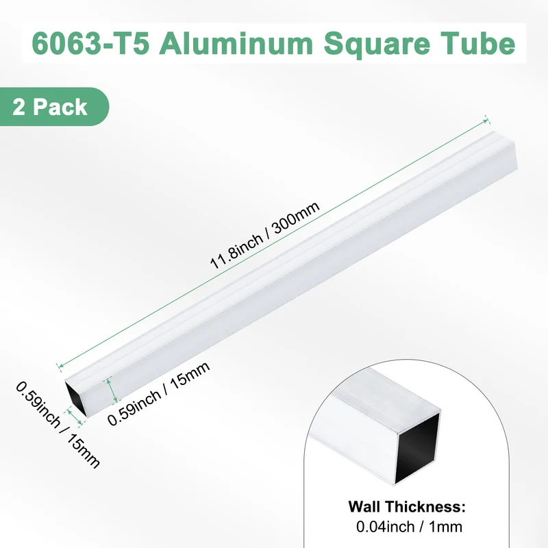 2Pcs 300mm 6063 Aluminum Square Tube, 15x15x1mm Straight Pipe Tubing for Frame