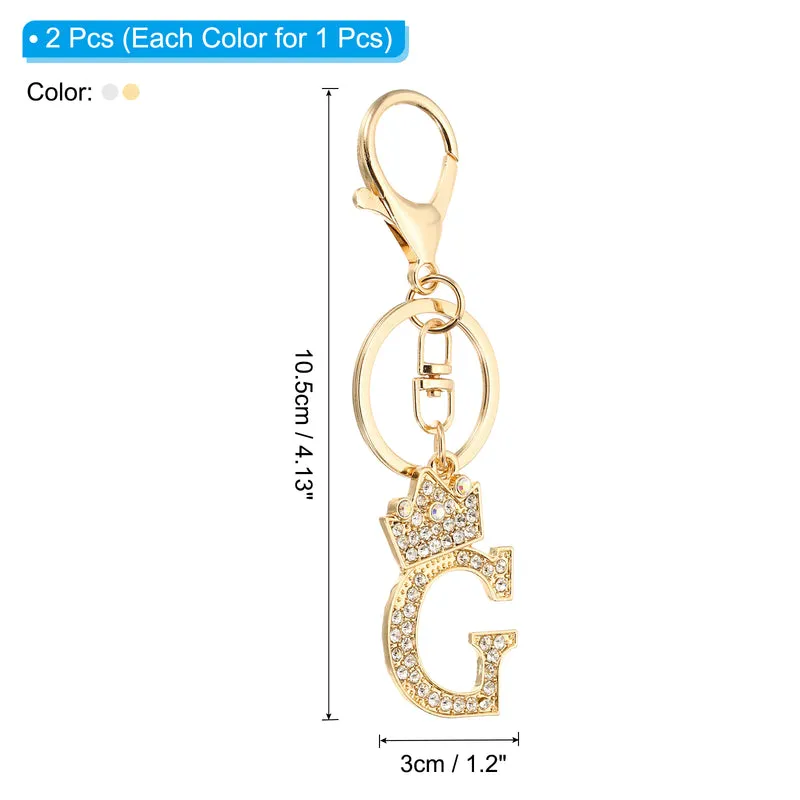 Initial Letter Keychain, 2 Pcs Letter g Crown Design Charm, Gold/Silver