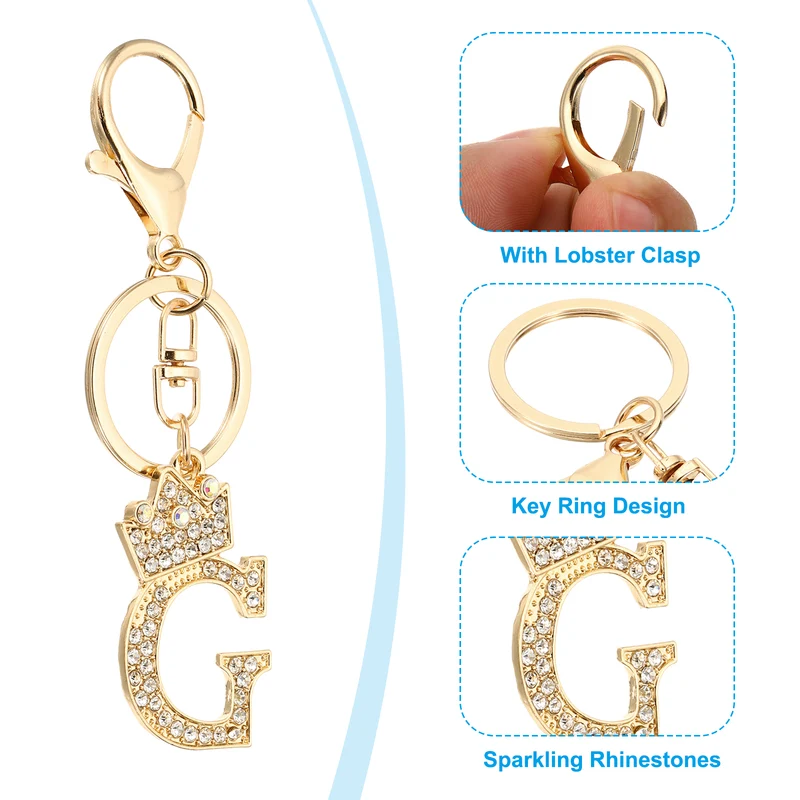 Initial Letter Keychain, 2 Pcs Letter g Crown Design Charm, Gold/Silver