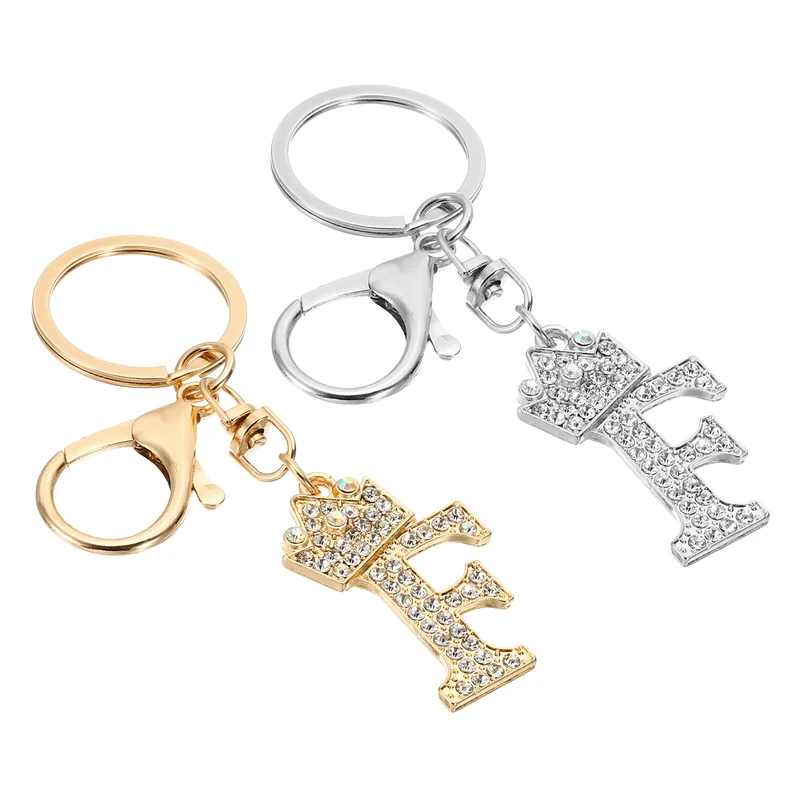 Initial Letter Keychain, 2 Pcs Letter F Crown Design Charm, Gold/Silver