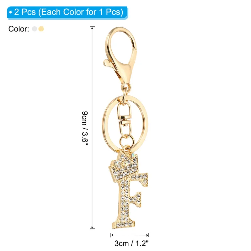 Initial Letter Keychain, 2 Pcs Letter F Crown Design Charm, Gold/Silver
