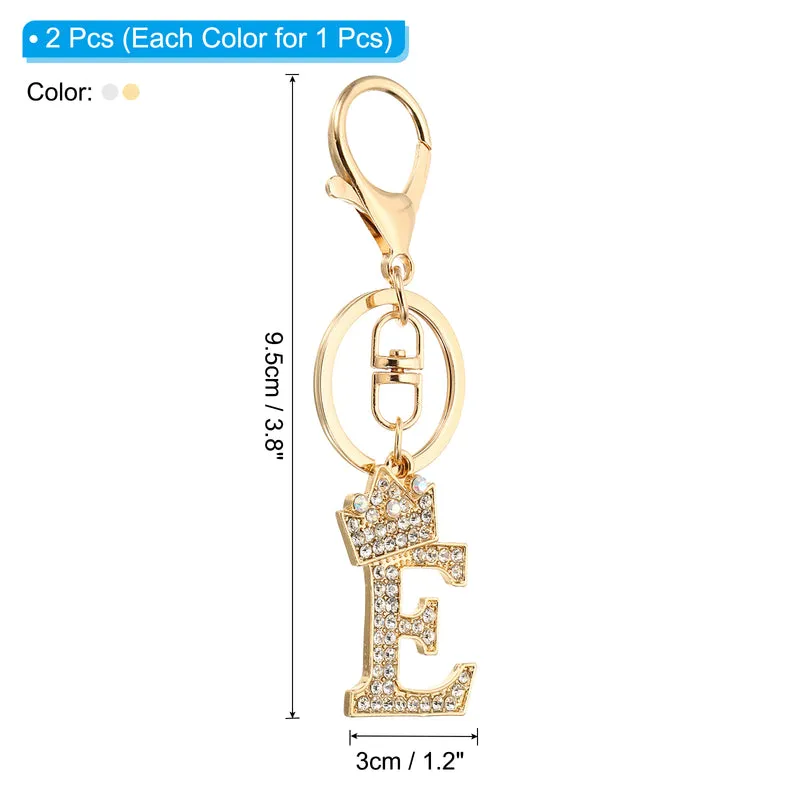 Initial Letter Keychain, 2 Pcs Letter E Crown Design Charm, Gold/Silver