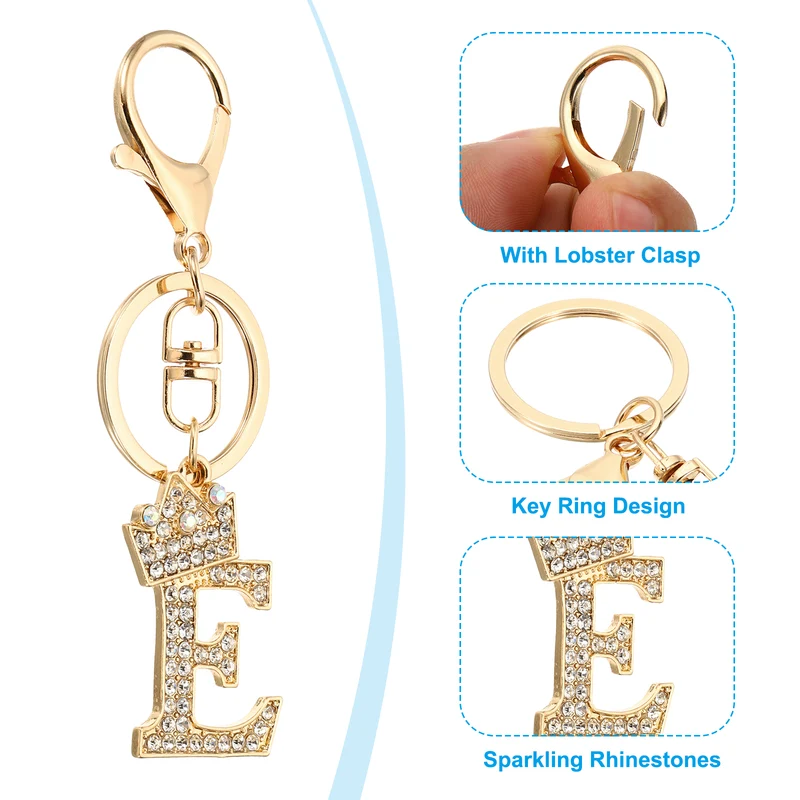 Initial Letter Keychain, 2 Pcs Letter E Crown Design Charm, Gold/Silver
