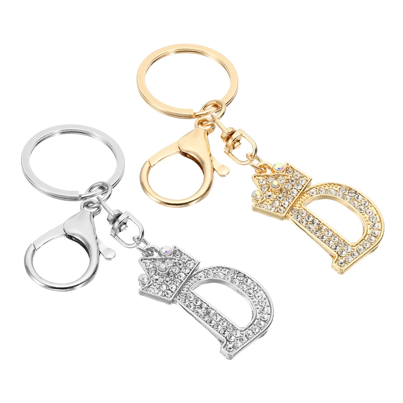 Initial Letter Keychain, 2 Pcs Letter D Crown Design Charm, Gold/Silver