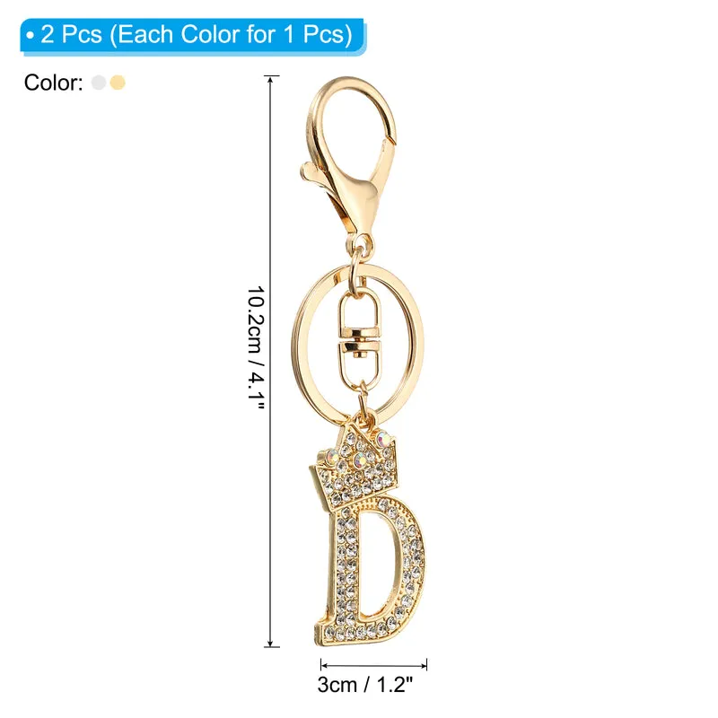 Initial Letter Keychain, 2 Pcs Letter D Crown Design Charm, Gold/Silver