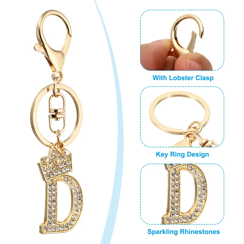 Initial Letter Keychain, 2 Pcs Letter D Crown Design Charm, Gold/Silver