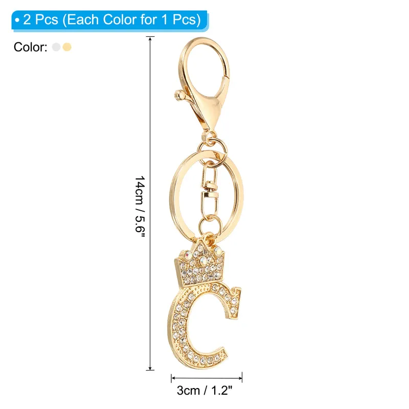 Initial Letter Keychain, 2 Pcs Letter C Crown Design Charm, Gold/Silver