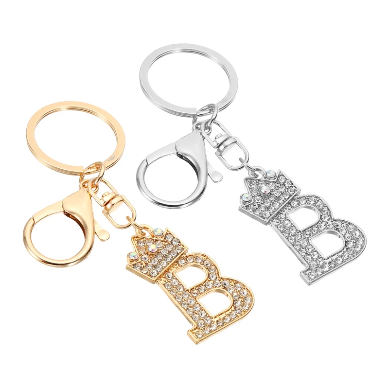 Initial Letter Keychain, 2 Pcs Letter B Crown Design Charm, Gold/Silver