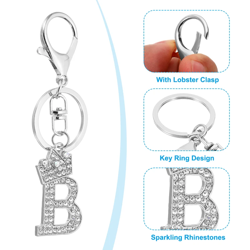 Initial Letter Keychain, 2 Pcs Letter B Crown Design Charm, Gold/Silver