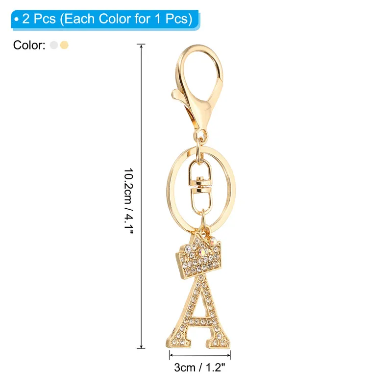 Initial Letter Keychain, 2 Pcs Letter A Crown Design Charm, Gold/Silver